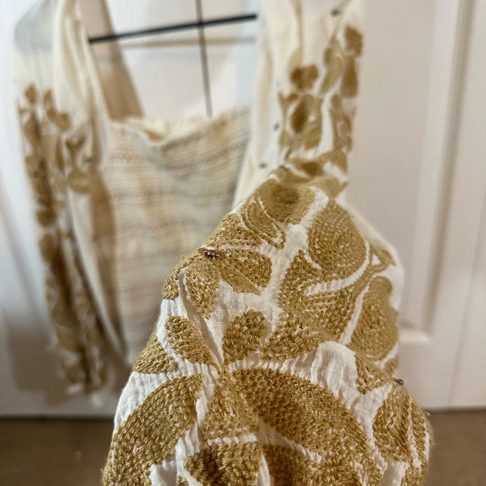 Anthropologie white Womens blouse, with tan embroidery and small brown sequins - Picture 9 of 9